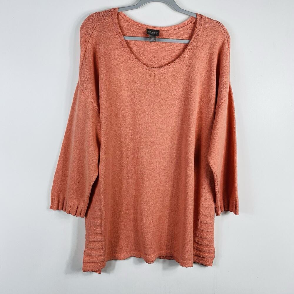 Chico's Size XL 16 3 Rib Accent 3/4 Sleeve Pullover Sweater Orange Cotton Blend